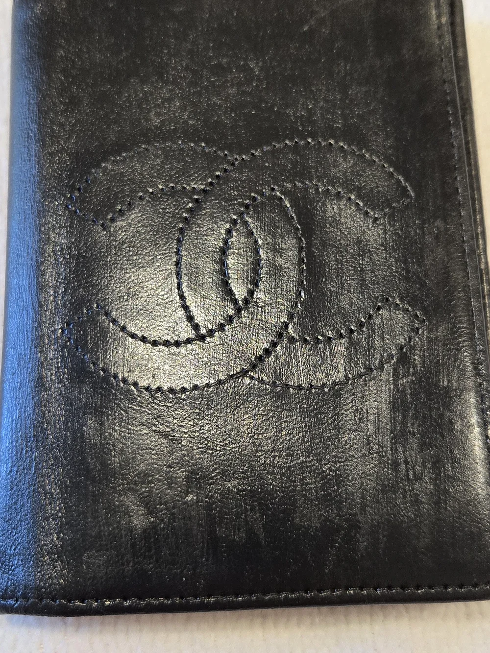CHANEL Authentic Black Stitched CC Leather Card Holder With COA